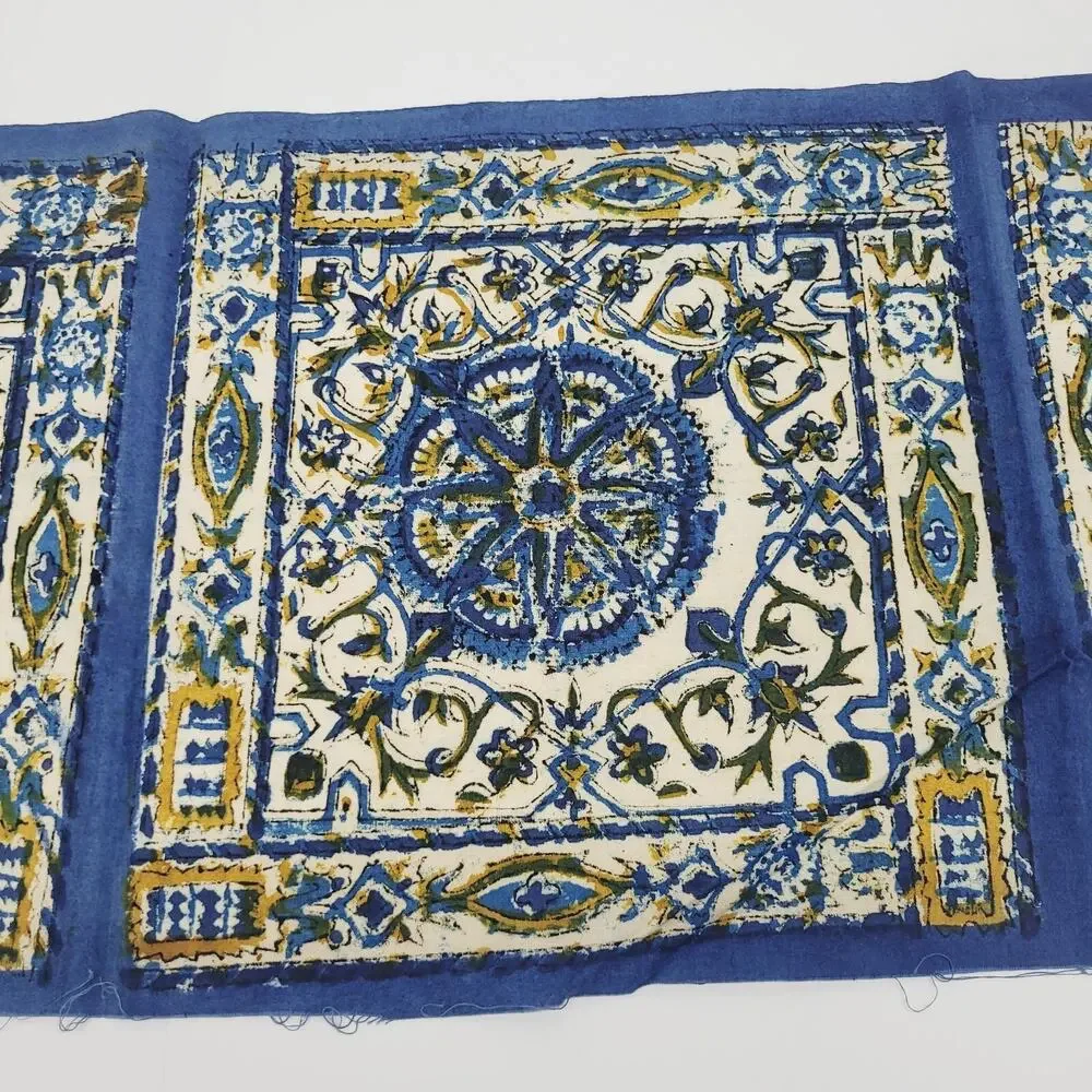 Vintage Turkish Blue Mandala Flower Set 4 Connected Fabric Panel Turkey Made